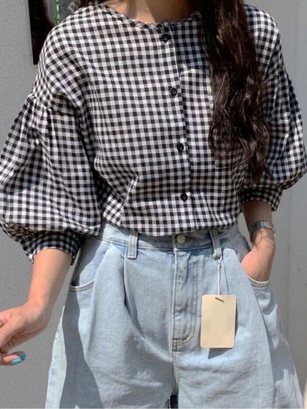 Black & White Gingham Button-Down Puff Sleeve Shirt - Picture 3 of 4